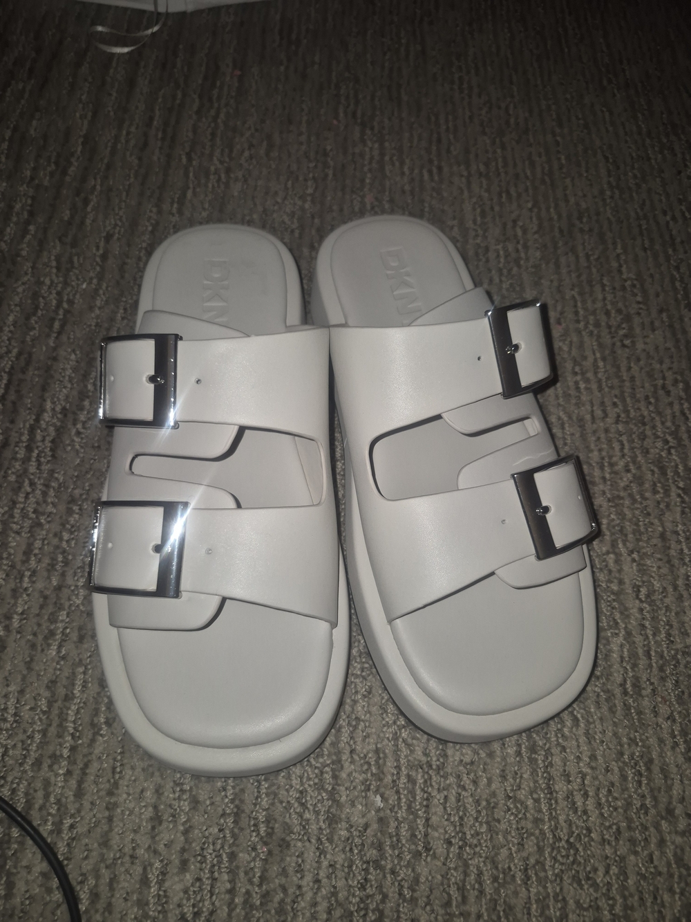 DKNY White Double-Buckle Slide Sandals with Silver Buckles